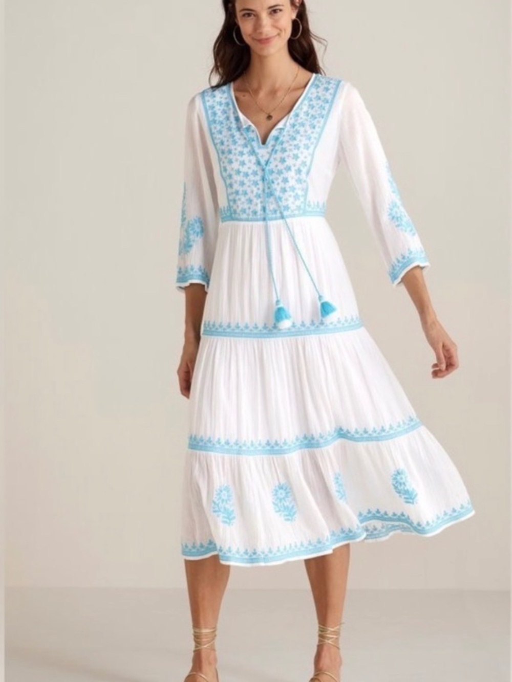 Soft Surroundings Bohemian Floral Embroidered Juniper Sun Dress